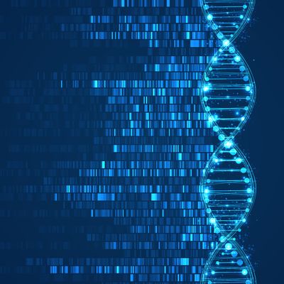 DNA test. Big genomic data visualization on blue background