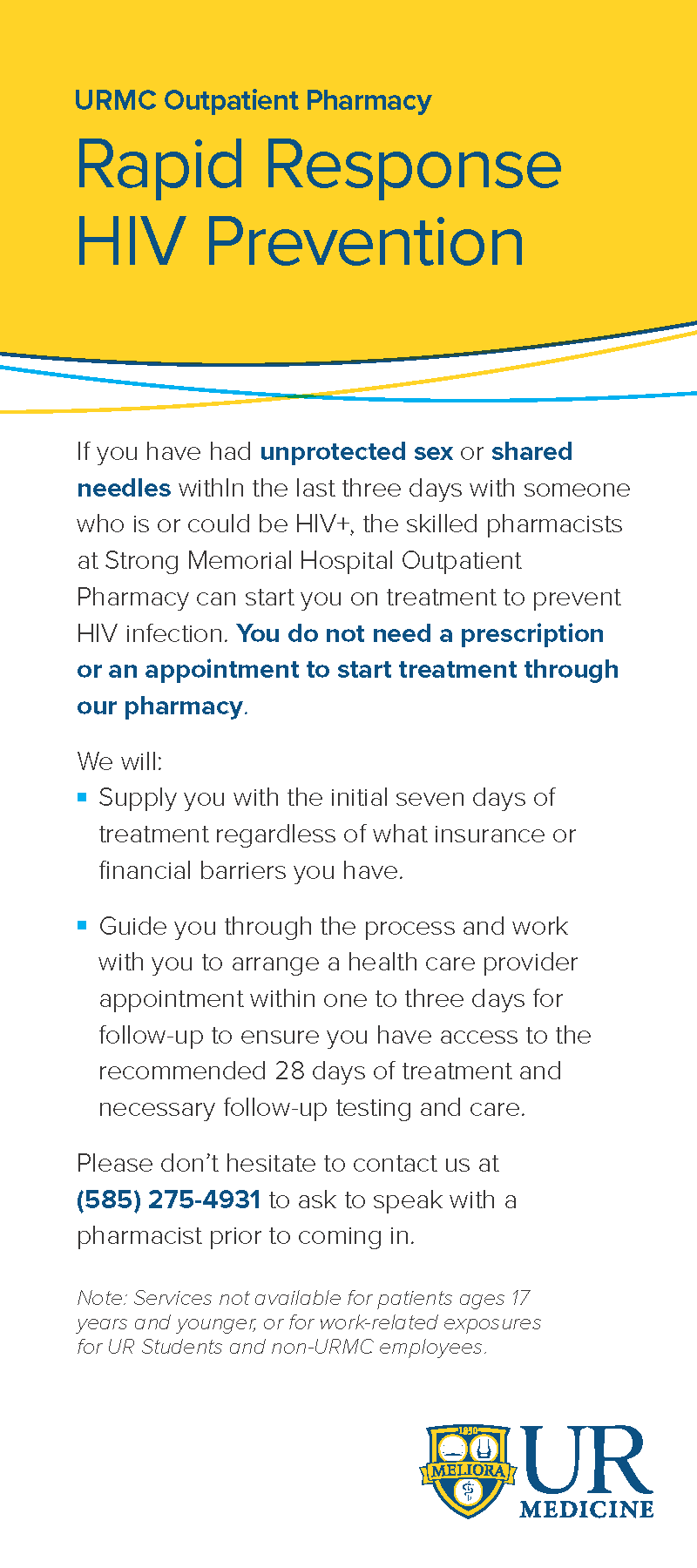 Card with Details on the Outpatient Pharmacy Rapid Response HIV Prevention Program at Strong Memorial Hospital