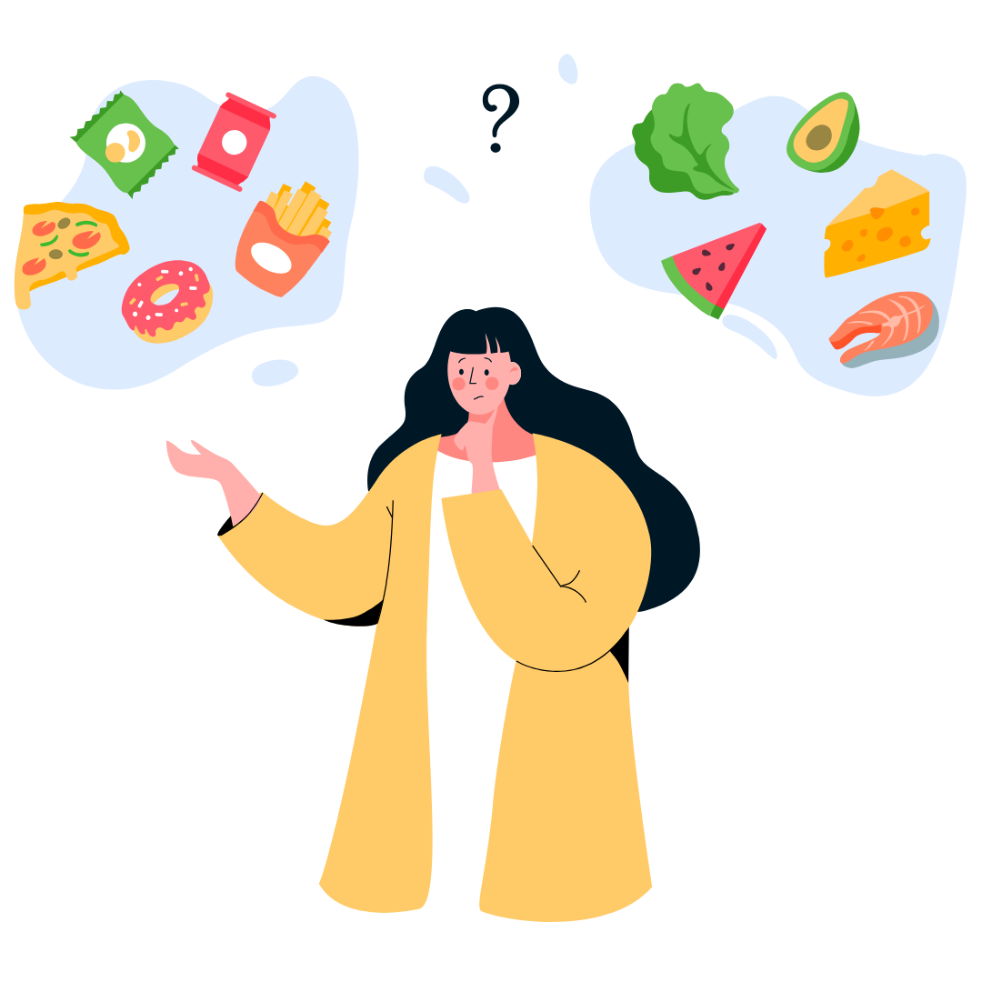 Cartoon woman deciding about what food to eat
