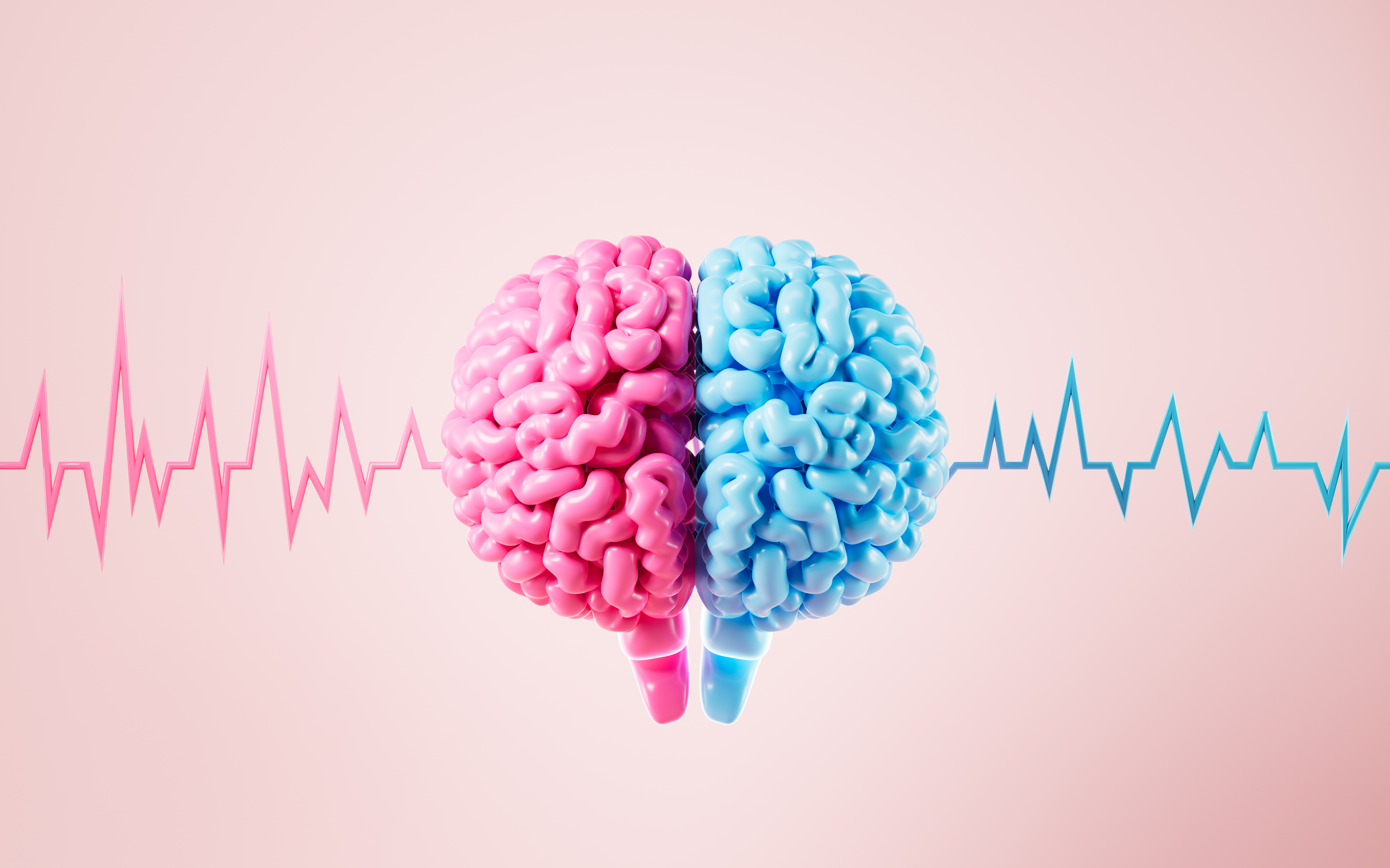 Brain that is half pink and half blue with pulse lines coming from either side