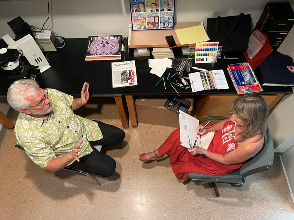 (Below) M. Kerry O'Banion, MD, PhD, sits in his lab at the University of Rochester Medical Center for his portrait with Charmaine Wheatley, artist-in-residence at the Del Monte Institute for Neuroscience.