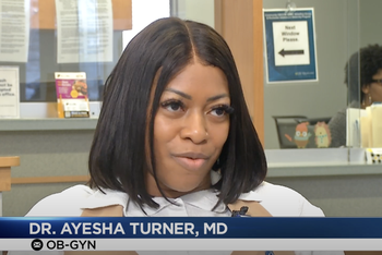 Dr. Ayesha Turner answers questions on tv in the Highland Women's Health office. A banner at the bottom reads "Dr. Ayesha Turner, OBGYN"