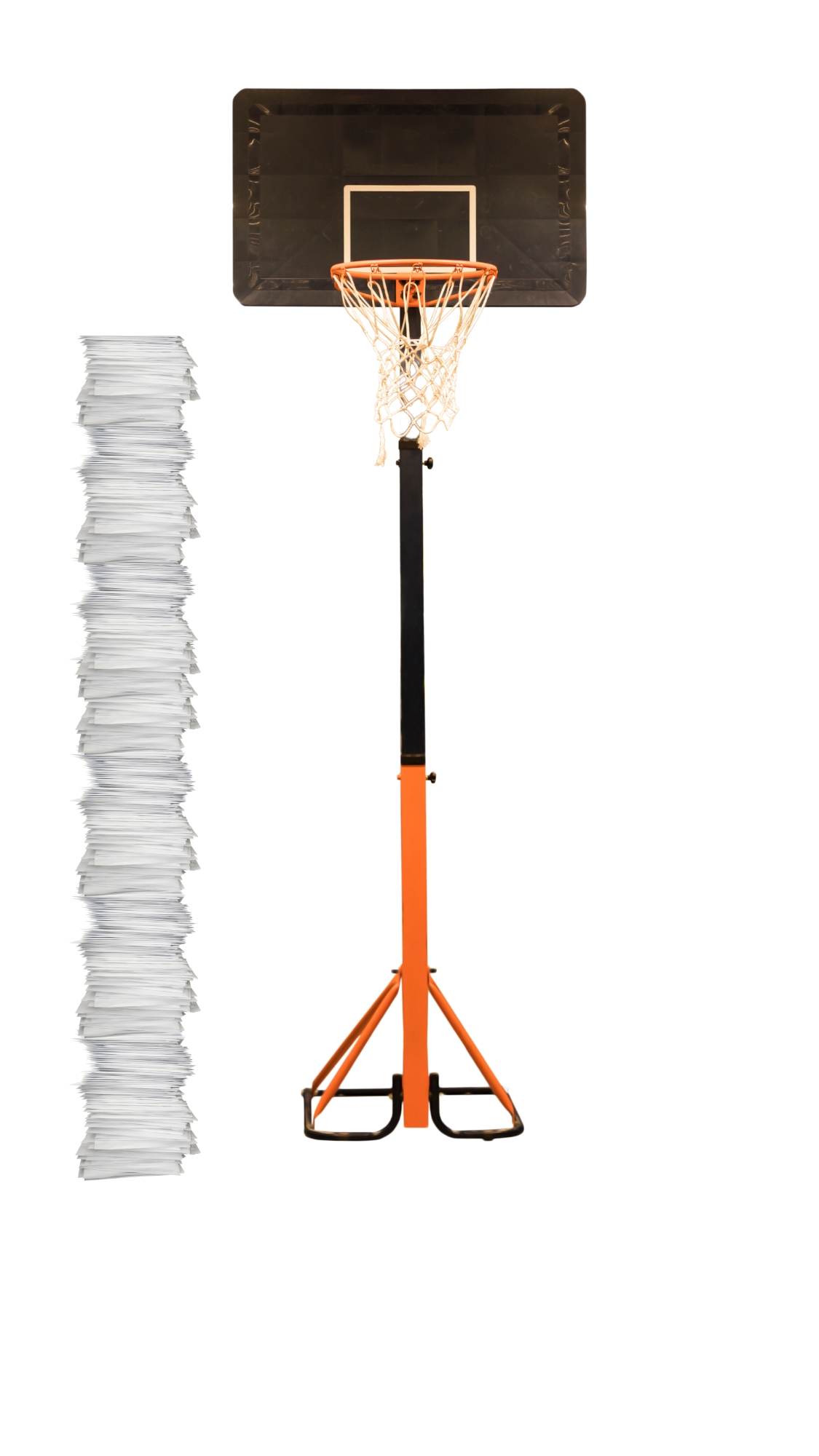 Stack of papers next to a standard size basketball hoop. Papers reach the 9-feet point. 