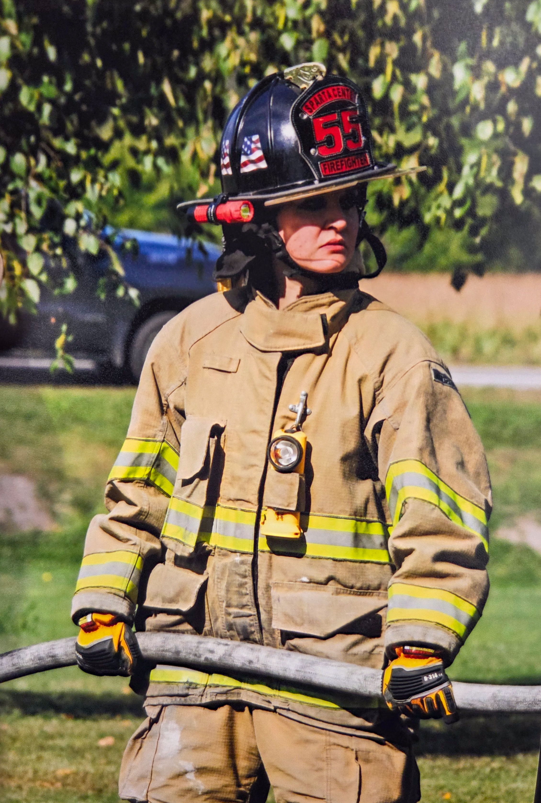 Coburn in fire fighter gear