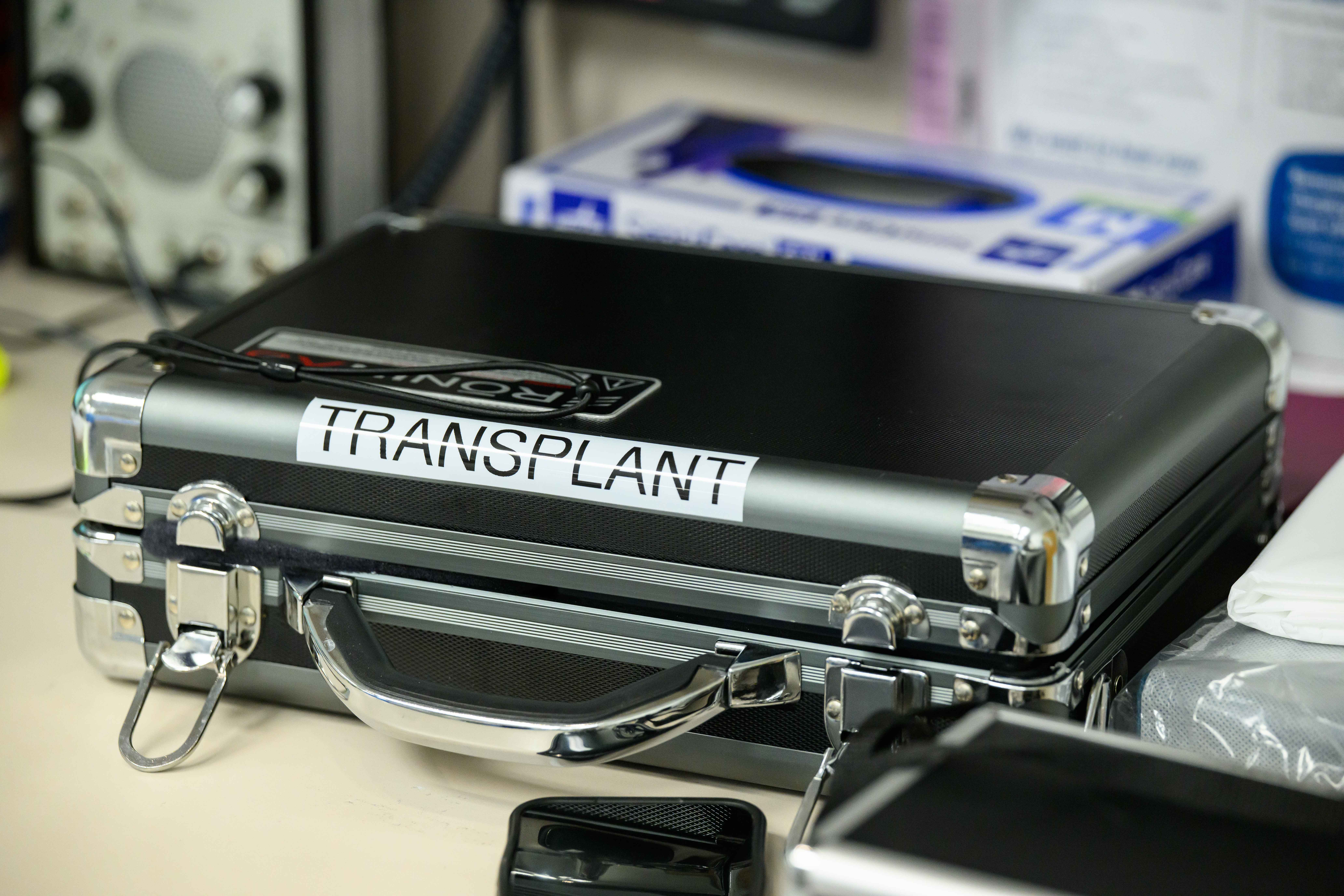 Donated liver in case awaiting transplantation. 