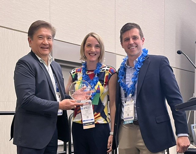 Augusto Litonjua, MD, MPH, hold the John M. Peters Award with EOPH Assembly Chair Mary Rice, MD, MPH, and Chair-Elect Daniel Croft, MD, MPH.