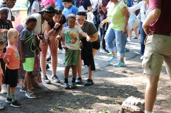 A group of youth standing outside observing a turtle demonstration at a zoo