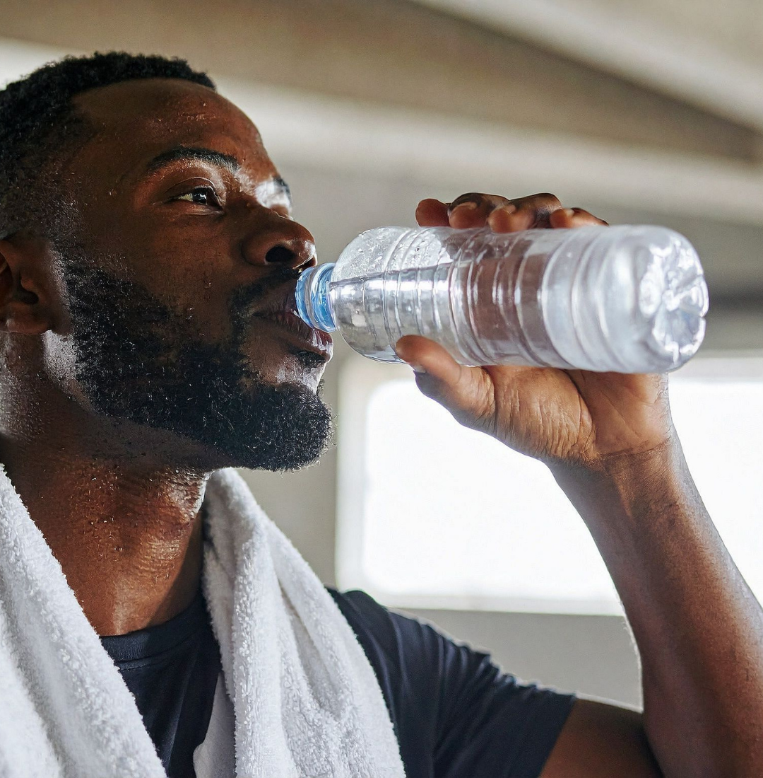 A person drinks water from a plastic bottle while wearing a towel around their neck.