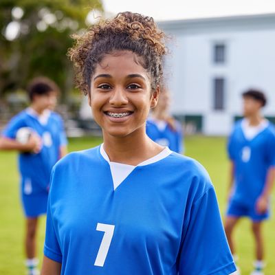 young female soccer player smiling at camera, a few teammates shown behind her