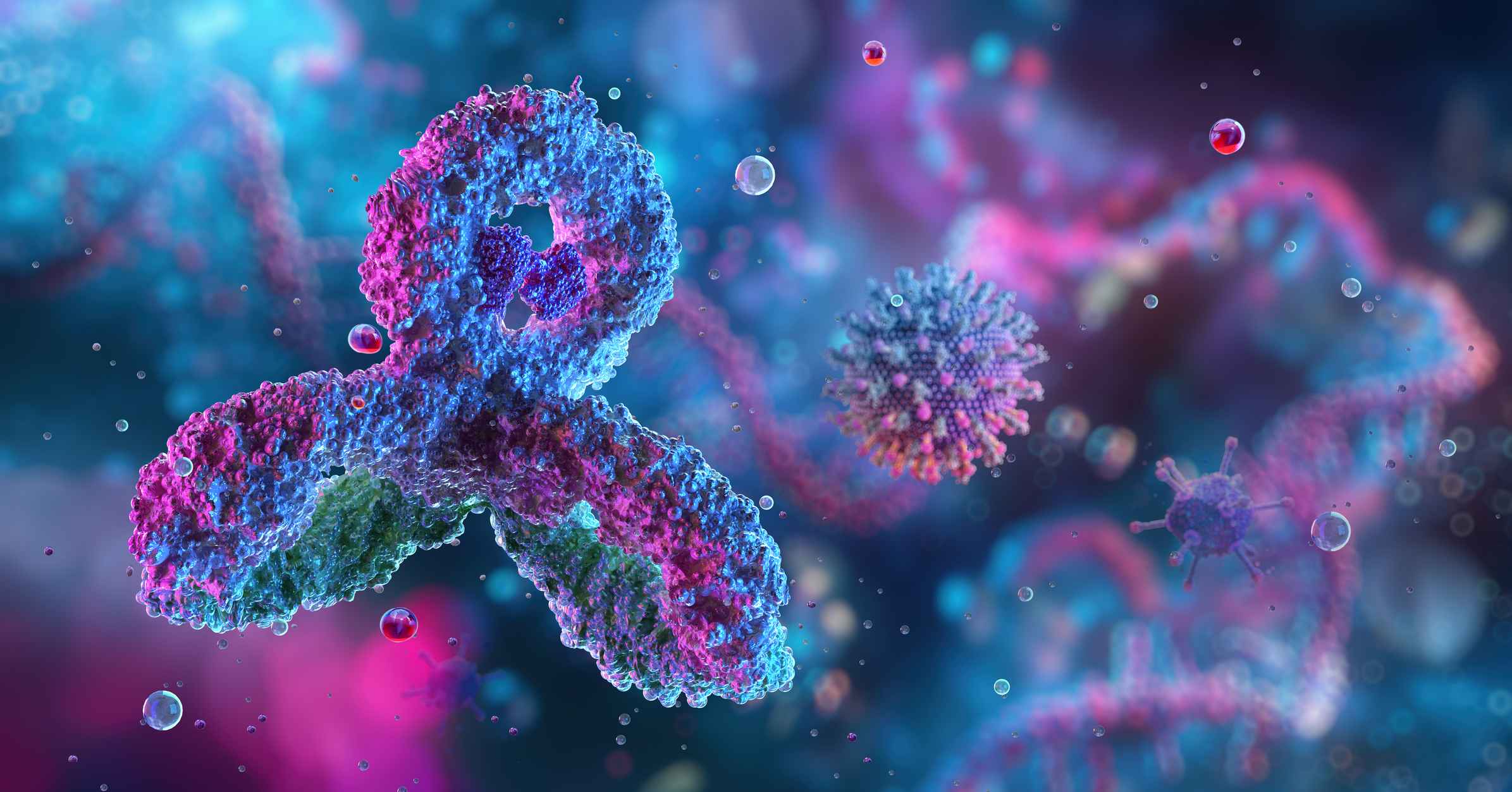 Image of antibodies and flu virus
