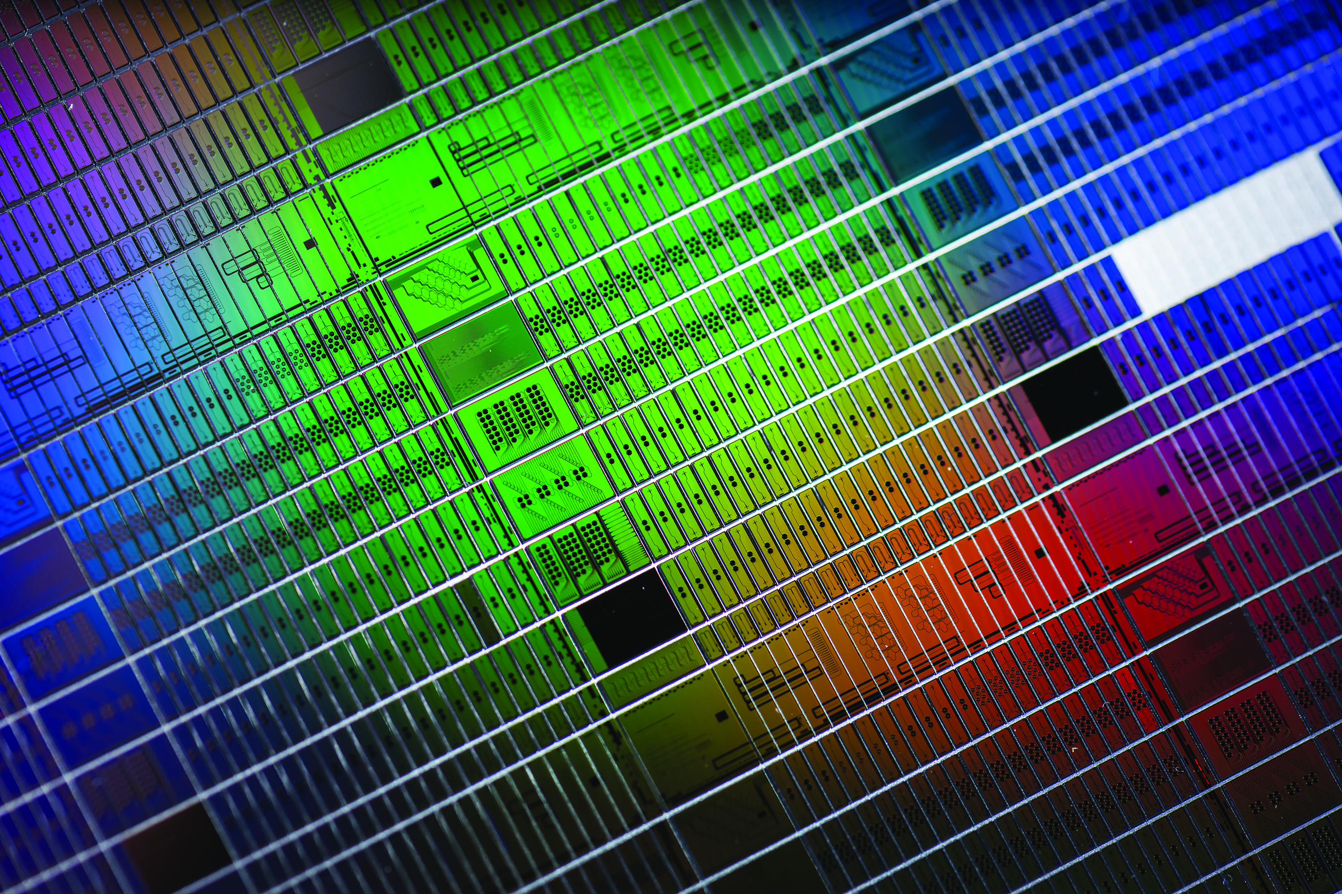 A closeup of a photonic wafer with numerous sensor chips used to monitor the effects of infection and treatment on organ models.