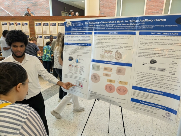 student with poster at scientific presentation