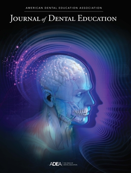 A graphic reading "American Dental Education Association: Journal of Dental Education". It features an artistic model of the muscles and bones in the head and neck, surrounded by purple dots and wavy lines.