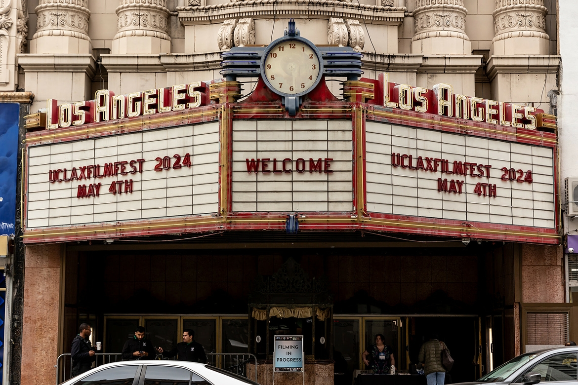 Movie theatre headliner spelling out: 'Welcome, UCLA x Filmfest 2024, May 4th'. 