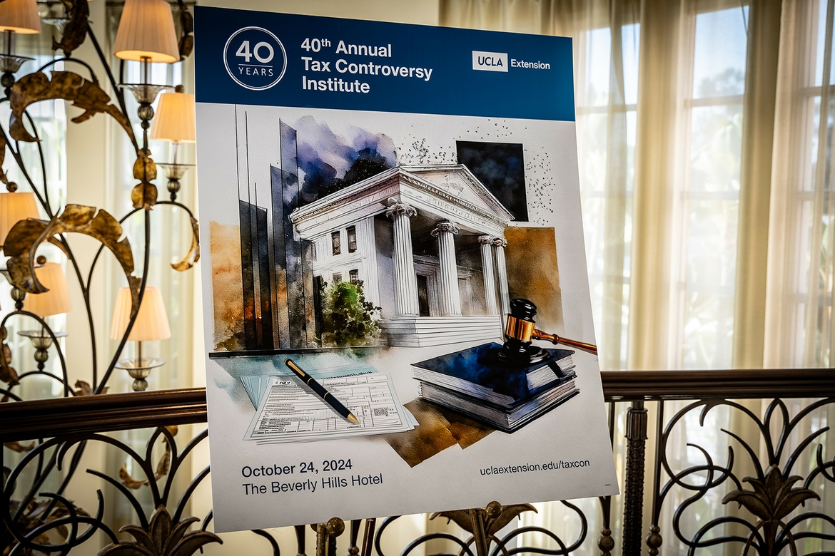 40th Annual Tax Controversy Conference Poster Board held up on stand for photo
