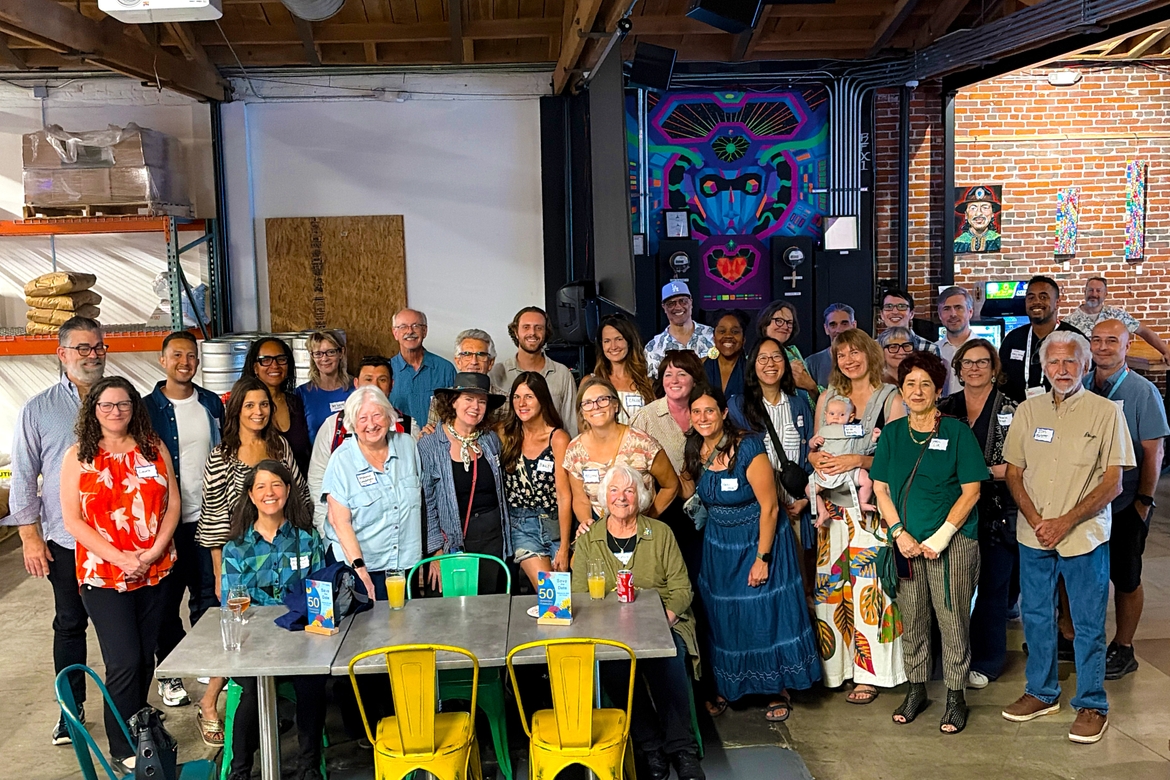More than two dozen landscape architecture students gather at the back of Audio Graph Brewery