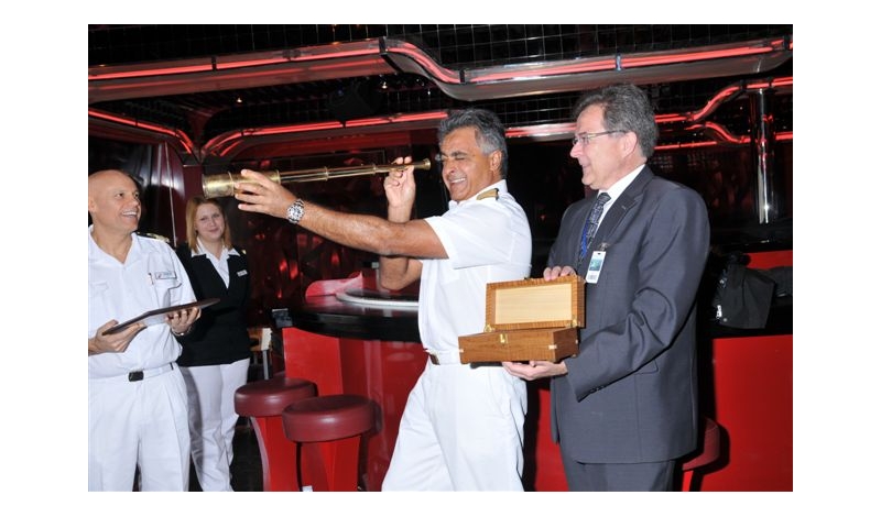 Captain Salvatore Rassello was presented with a number of commemorative gifts, including an explorer telescope – a Saint John tradition – by Saint John Port Authority CEO Jim Quinn.