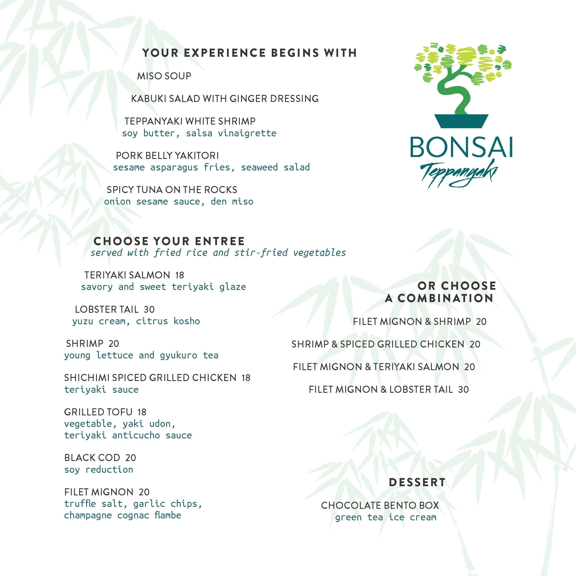 Bonsai Dinner Menu