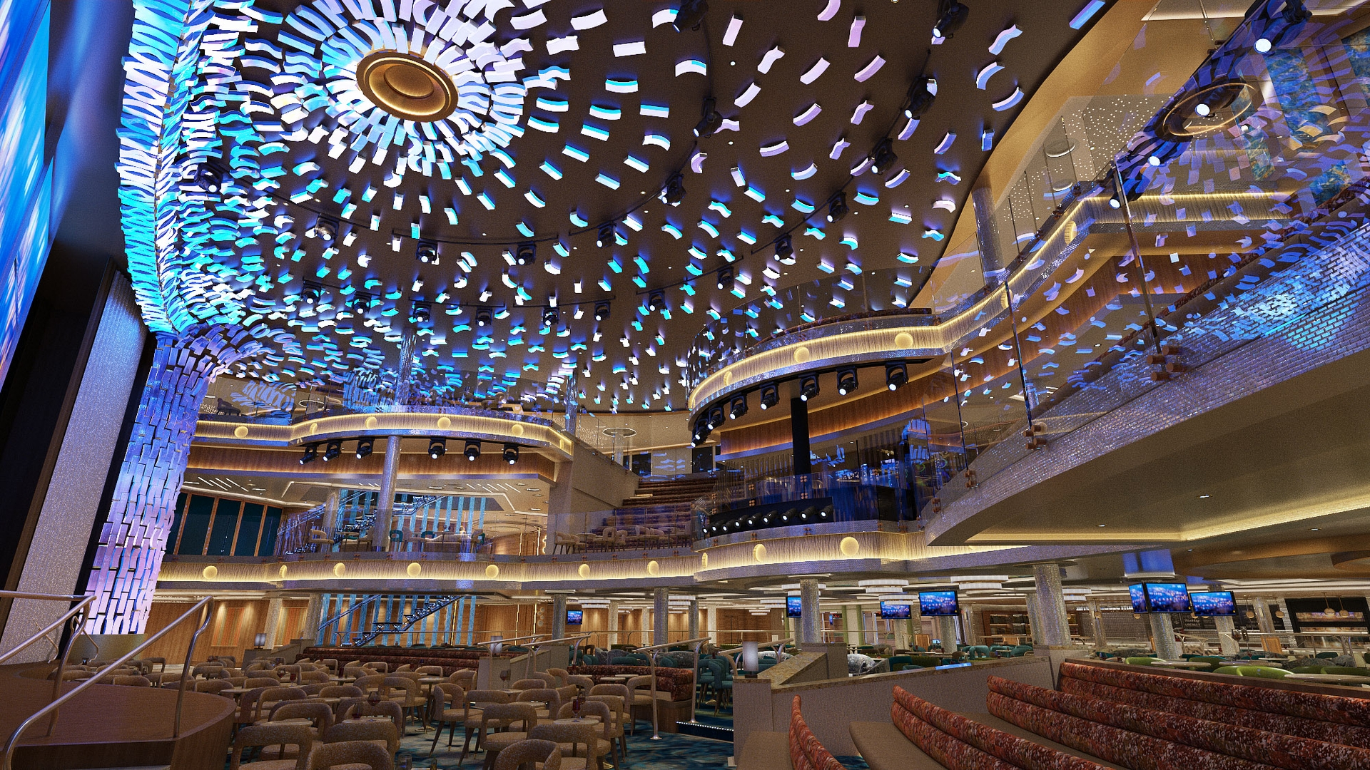 Photo | Celebration Central Atrium Ceiling Night | Carnival Cruise Line, image size:1920x1080