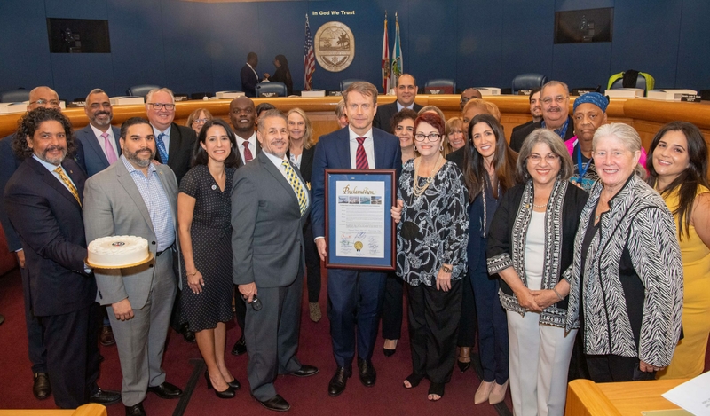 Pictured are: Attorney Jorge Luis Lopez; Carnival Cruise Line Director of Homeport Operations Carlos Estrada; Carnival Cruise Line Senior Director of Communications Kelly Penton; Chairman Jose “Pepe” Diaz; Carnival Cruise Line Executive Vice President Lars Ljoen; Commissioner Rebecca Sosa; PortMiami Director Hydi Webb; Miami-Dade County Mayor Daniella Levine Cava; Commissioner Sally Heyman.
