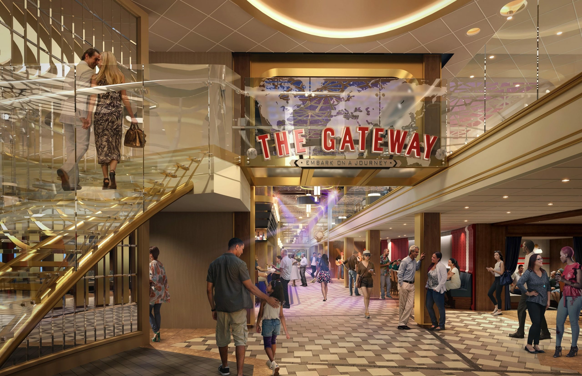 Carnival Cruise Line’s next ship, Carnival Celebration, will feature The Gateway, an entirely new area on two decks that celebrates travel and the excitement of exploring new destinations.