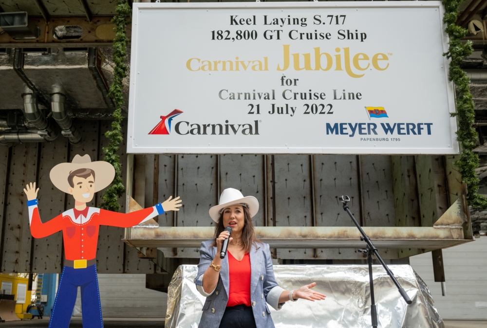 Carnival Cruise Line President Christine Duffy gives remarks at keel laying