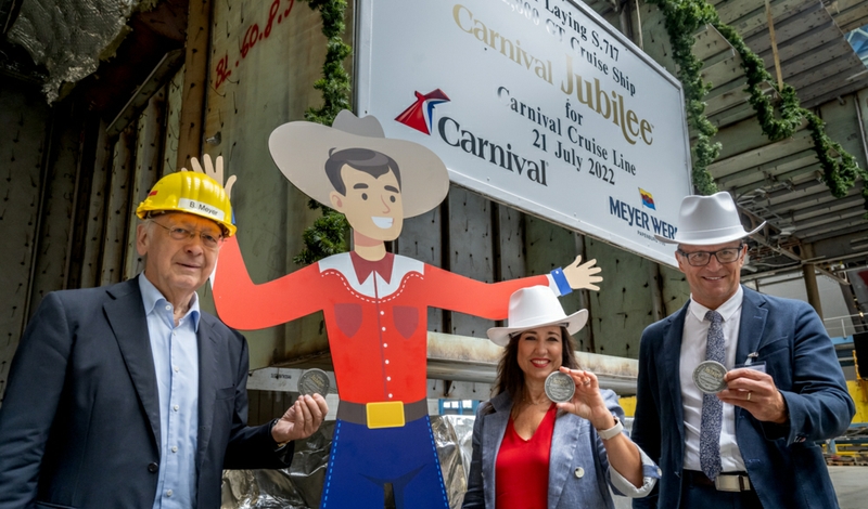 Carnival Cruise Line President Christine Duffy is joined by Meyer Werft Managing Director Bernard Meyer (left) and Carnival's Senior Vice President of Newbuilds Ben Clement (right)