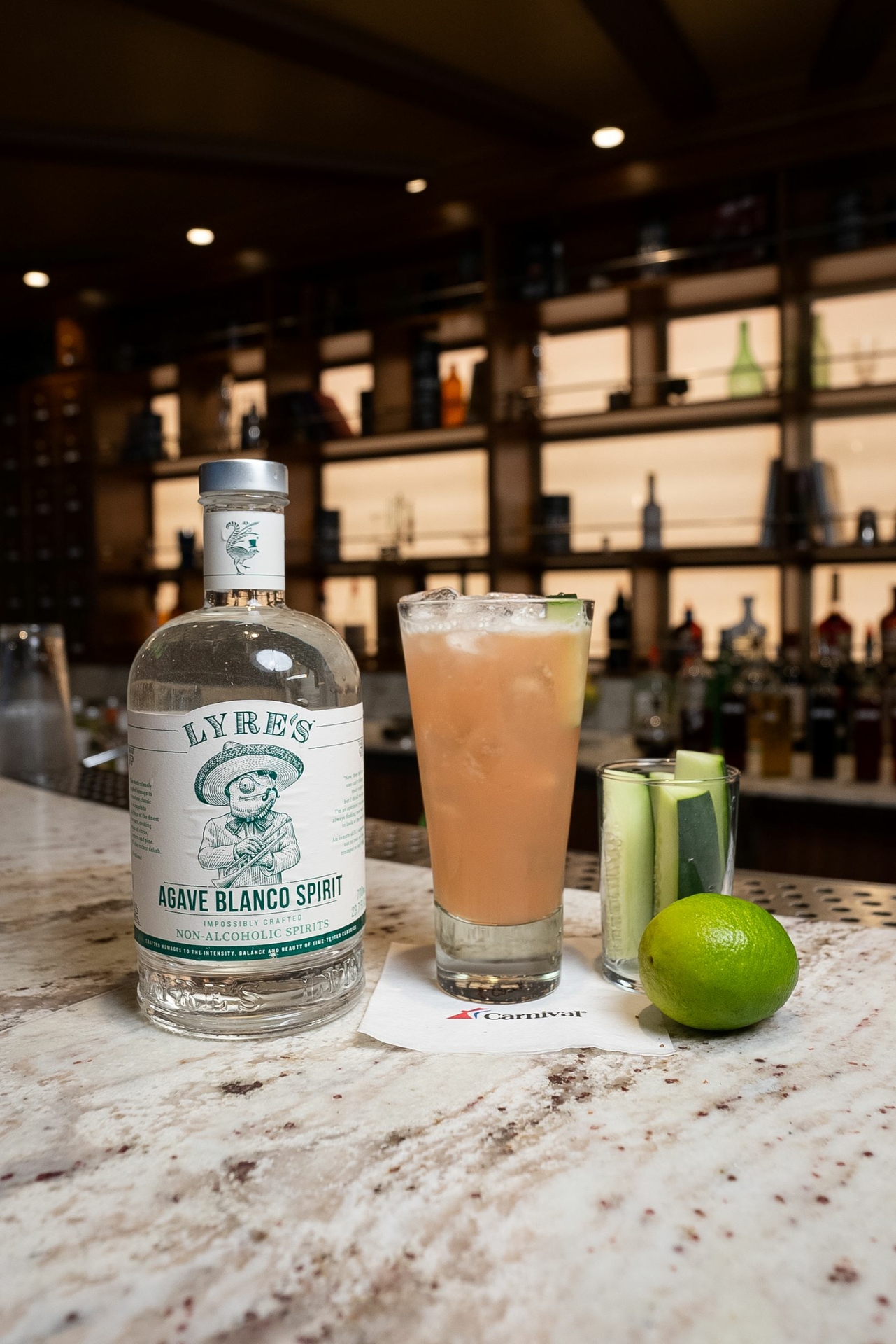 The award-winning Cucumber Sunrise delivers the delicious flavors of watermelon nectar, cucumer, lime juice and a splash of orange juice with Lyre's Agave Blanco