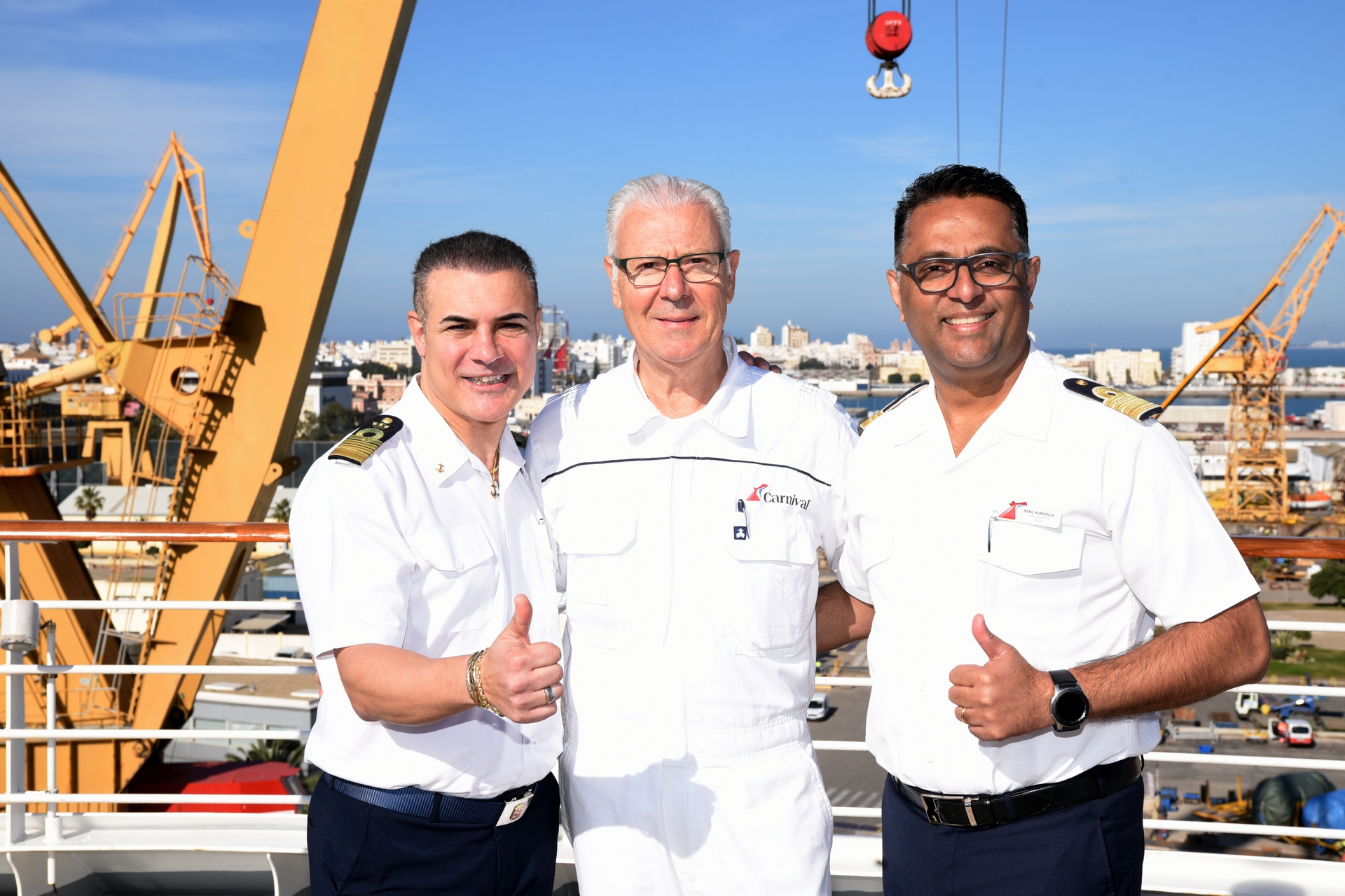 Captain Crescenzo Palomba Chief Engineer Rosario Capilli and Hotel Director Renil Kuruvilla are Carnival Firenzes senior officers