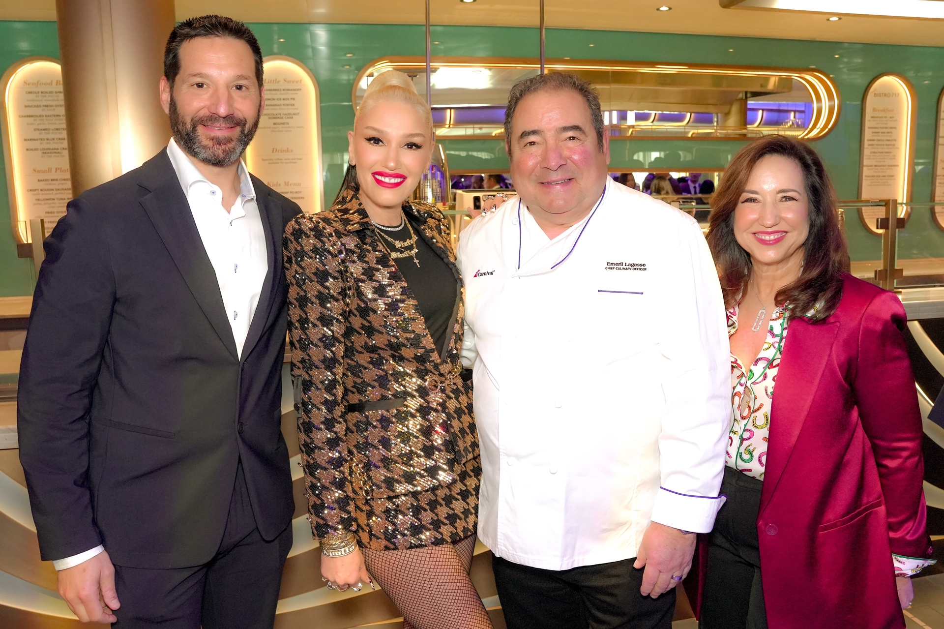 Emeril Lagasse, Carnival's Chief Culinary Officer, celebrates the opening of a third Emeril's Bistro with Gwen Stefani, Christine Duffy and Josh Weinstein
