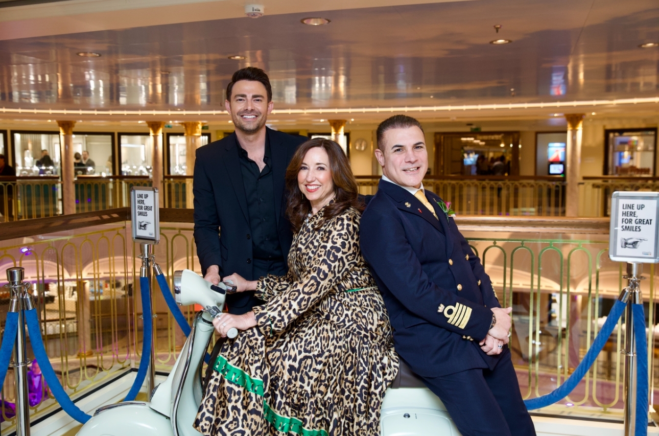 Godfather Jonathan Bennett Carnival Cruise Line President Christine Duffy and Captain Enzo Palomba
