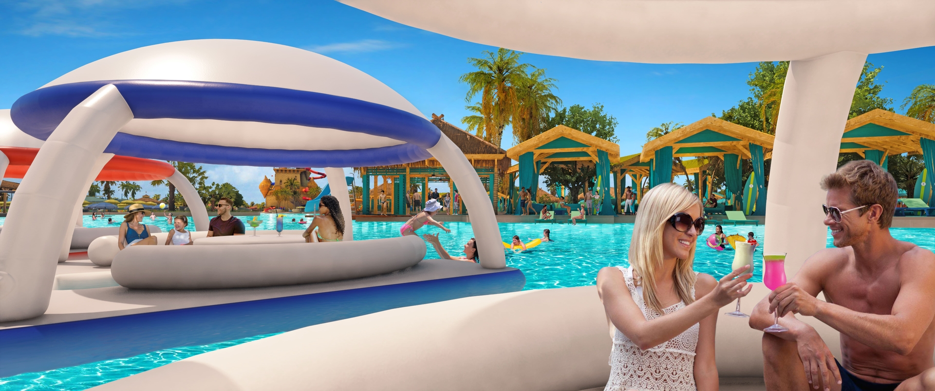 Floating AquaBanas are comfortable  cabanas that are fun for the whole family