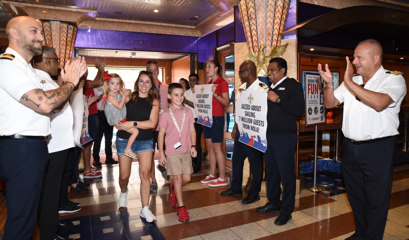 Carnival Valors team led an impromptu celebration to mark more than seven million Carnival guests sailing from New Orleans