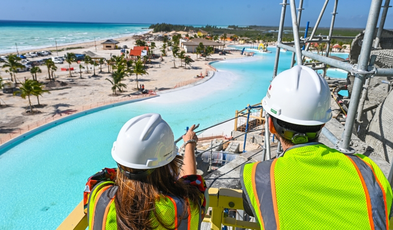 Carnival Cruise Line President Christine Duffy and Carnival Corp. CEO Josh Weinstein look out over Calypso Lagoon