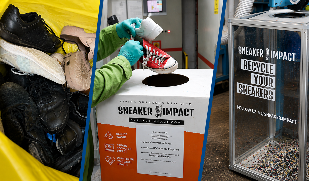 Carnival Cruise Line has become the first cruise line to partner with Sneaker Impact, a Miami-based organization dedicated to keeping footwear out of landfills, to launch a new shoe recycling initiative across its U.S. fleet (Image at LateCruiseNews.com - August 2026)
