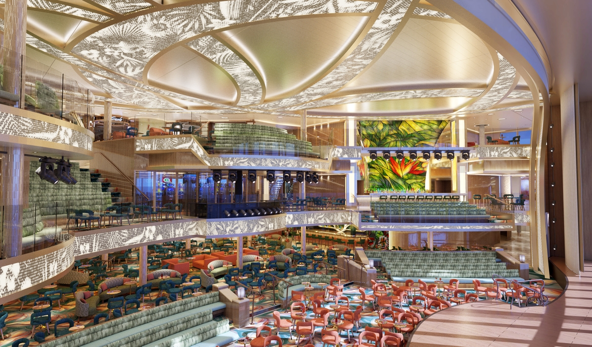 Carnival Tropicale interior atrium with bright tropical scenery