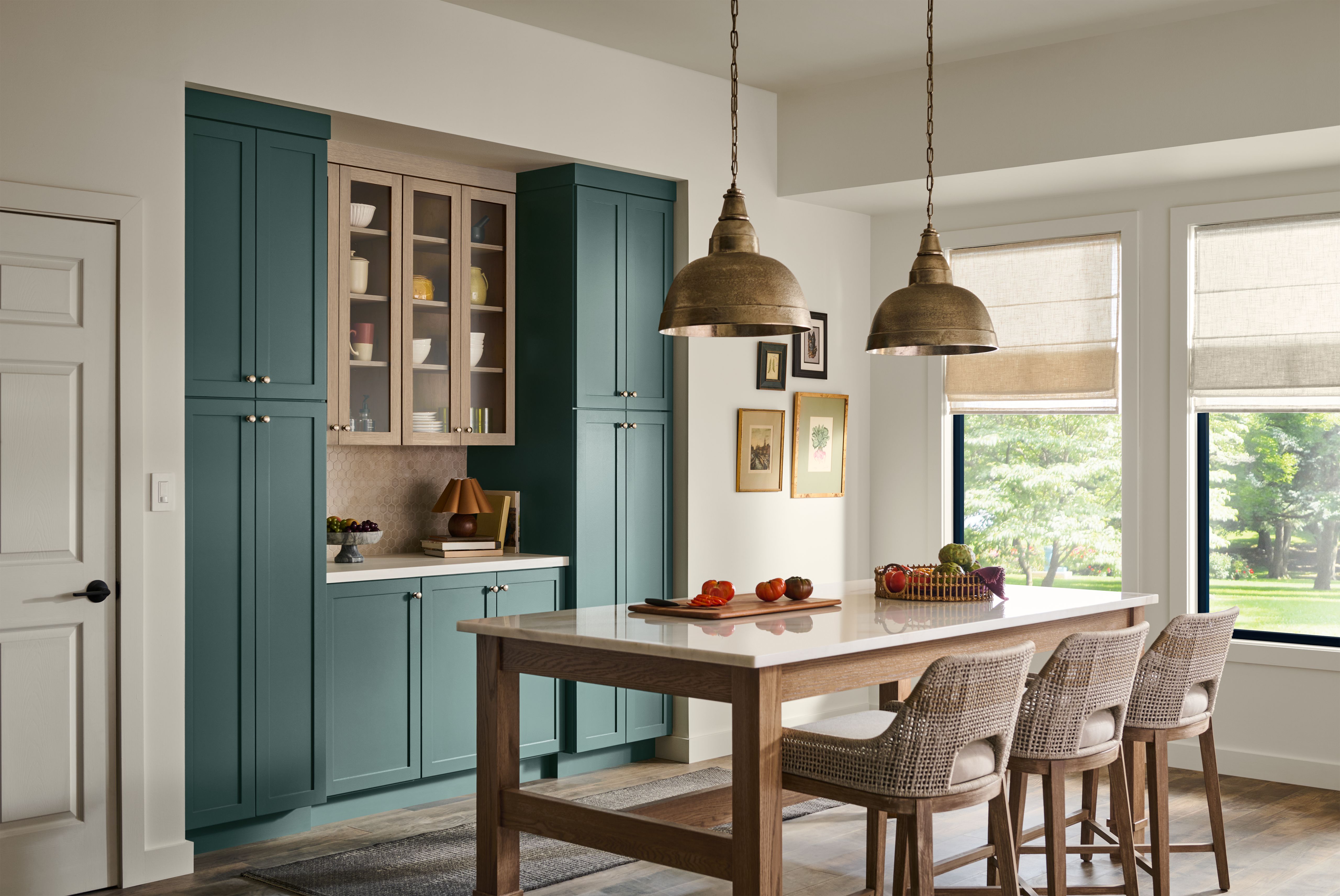 Behr Hidden Gem 2026 Color of the Year on kitchen cabinetry—smoky jade blue‑green