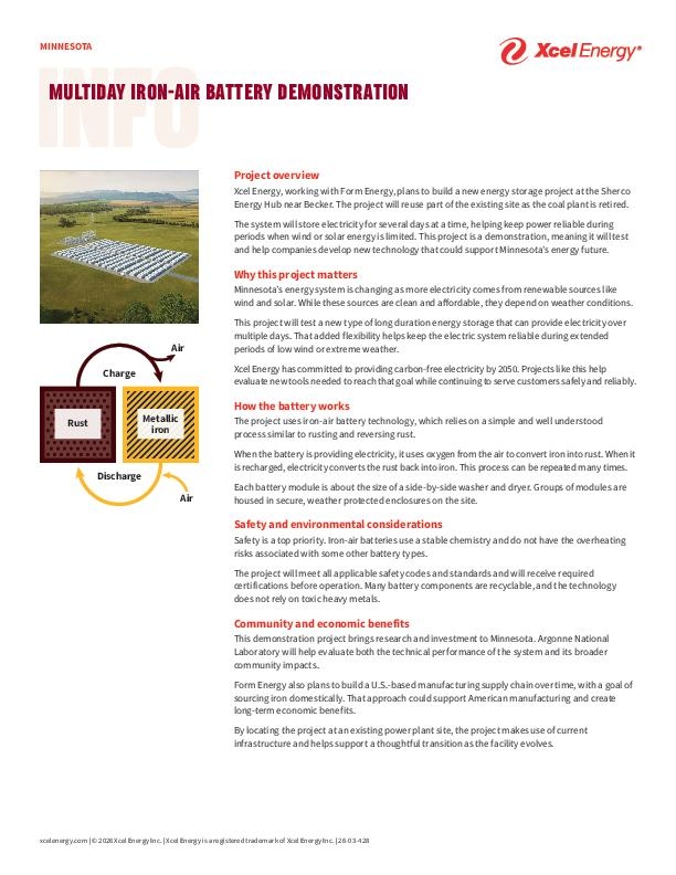 Minnesota Multi-Day Iron-Air Battery Demonstration Info Sheet