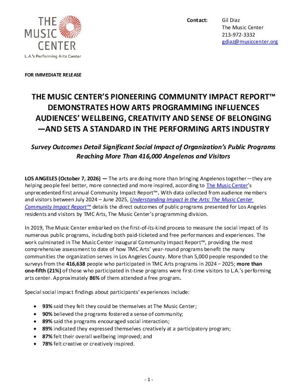 2026 The Music Center's Community Impact Report Press Release