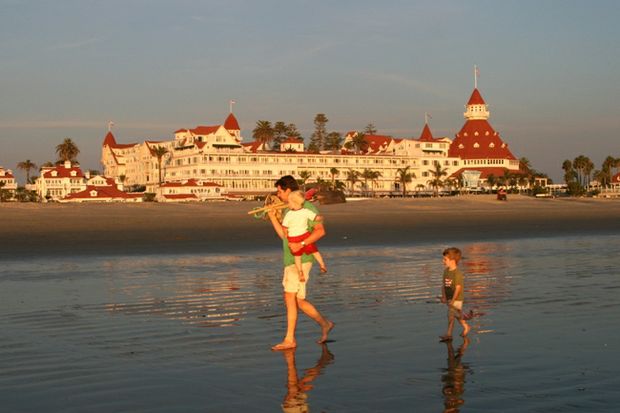 Family on Coronado Beach outside Hotel Del -Courtesy Joanne DiBona SanDiego.org