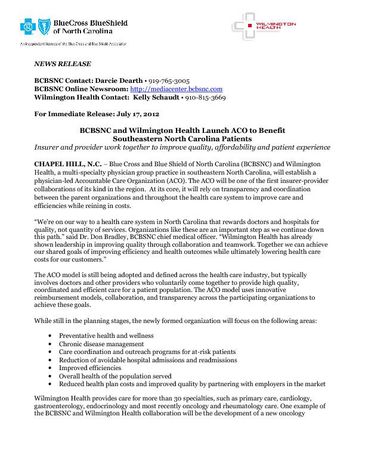 BCBSNC-Wilm Health press release - 7-16-12-final