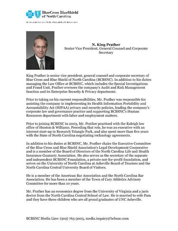 King Prather Bio BCBSNC 07-2012-PDF