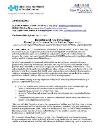 BCBSNC News Release-Key Physicians ACO - 8-22-12 final