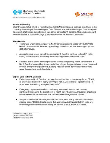 FastMed and BCBSNC Fact Sheet 9-6-12 FINAL