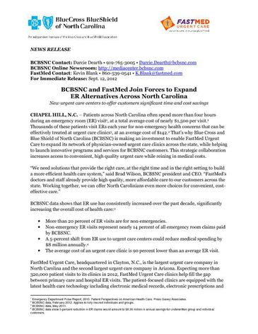 BCBSNC News Release FastMed 9-10-12 FINAL
