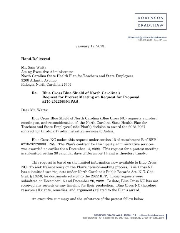 Blue Cross Request for Protest Meeting as filed 1-12-2023