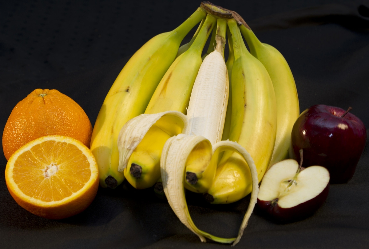 Photo | Fruits - Whole Orange with half, Bananas one peeled, Whole
