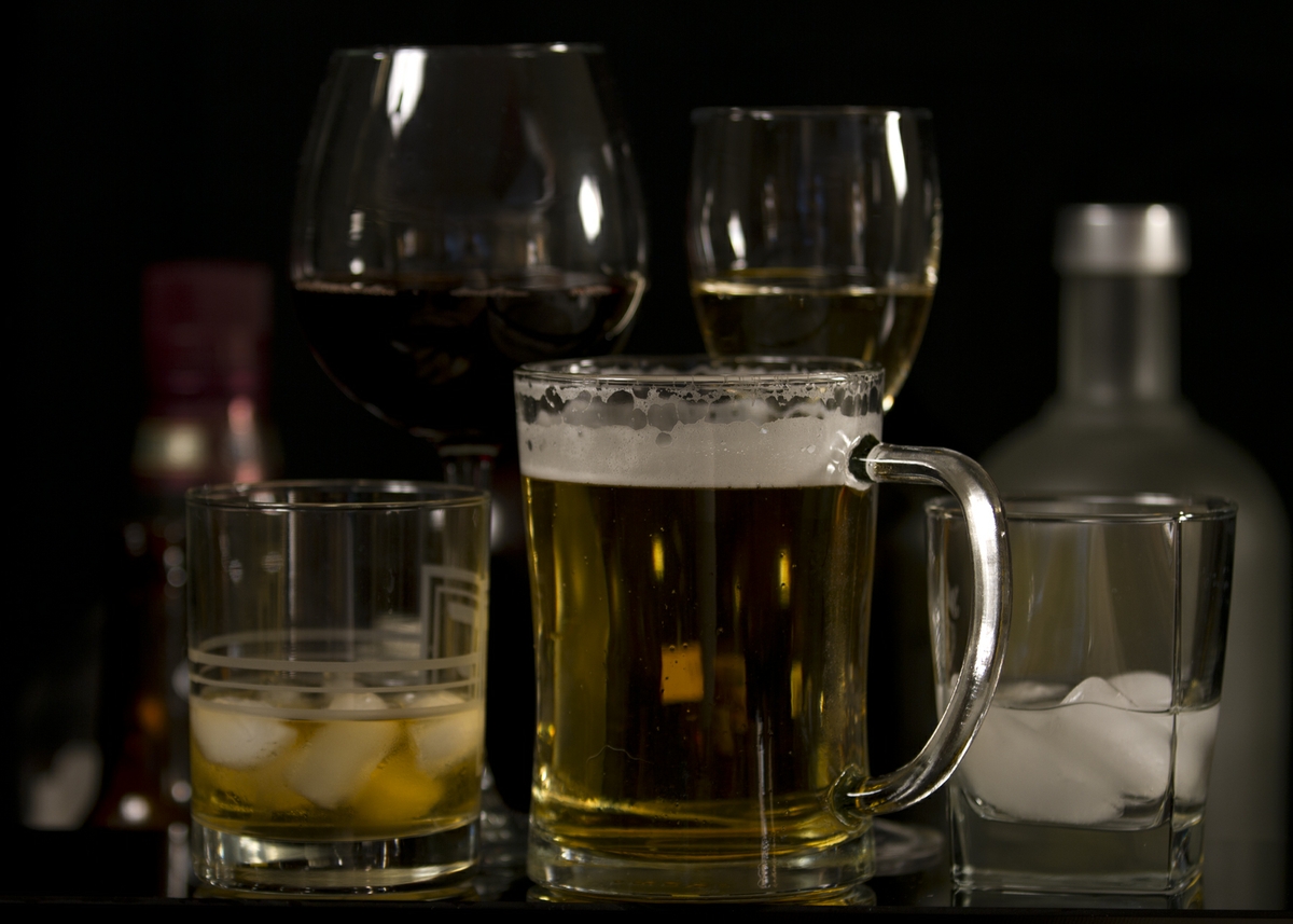 Alcohol - Beer, Wine, & Liquor in Glasses with bottles straight on