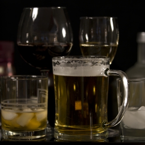Alcohol - Beer, Wine, & Liquor in Glasses with bottles straight on