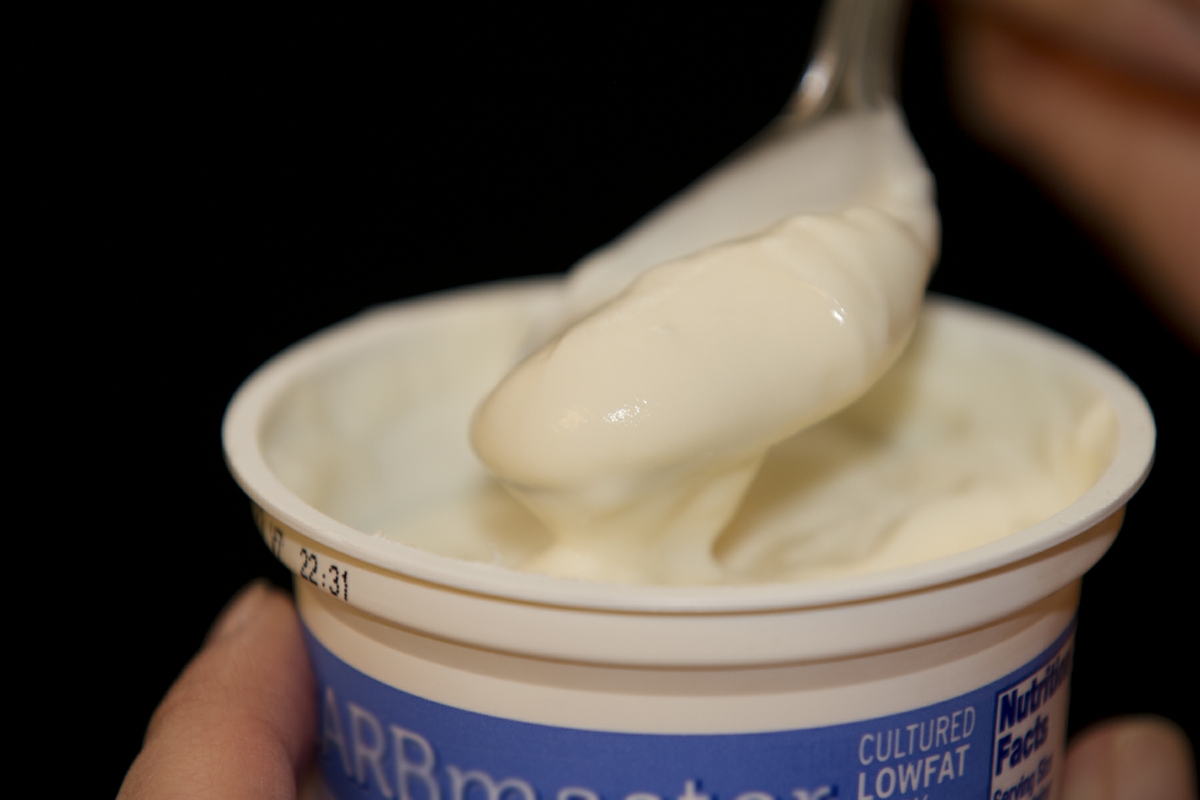 Yogurt LowFat plain in cup held on spoon close up horizontal